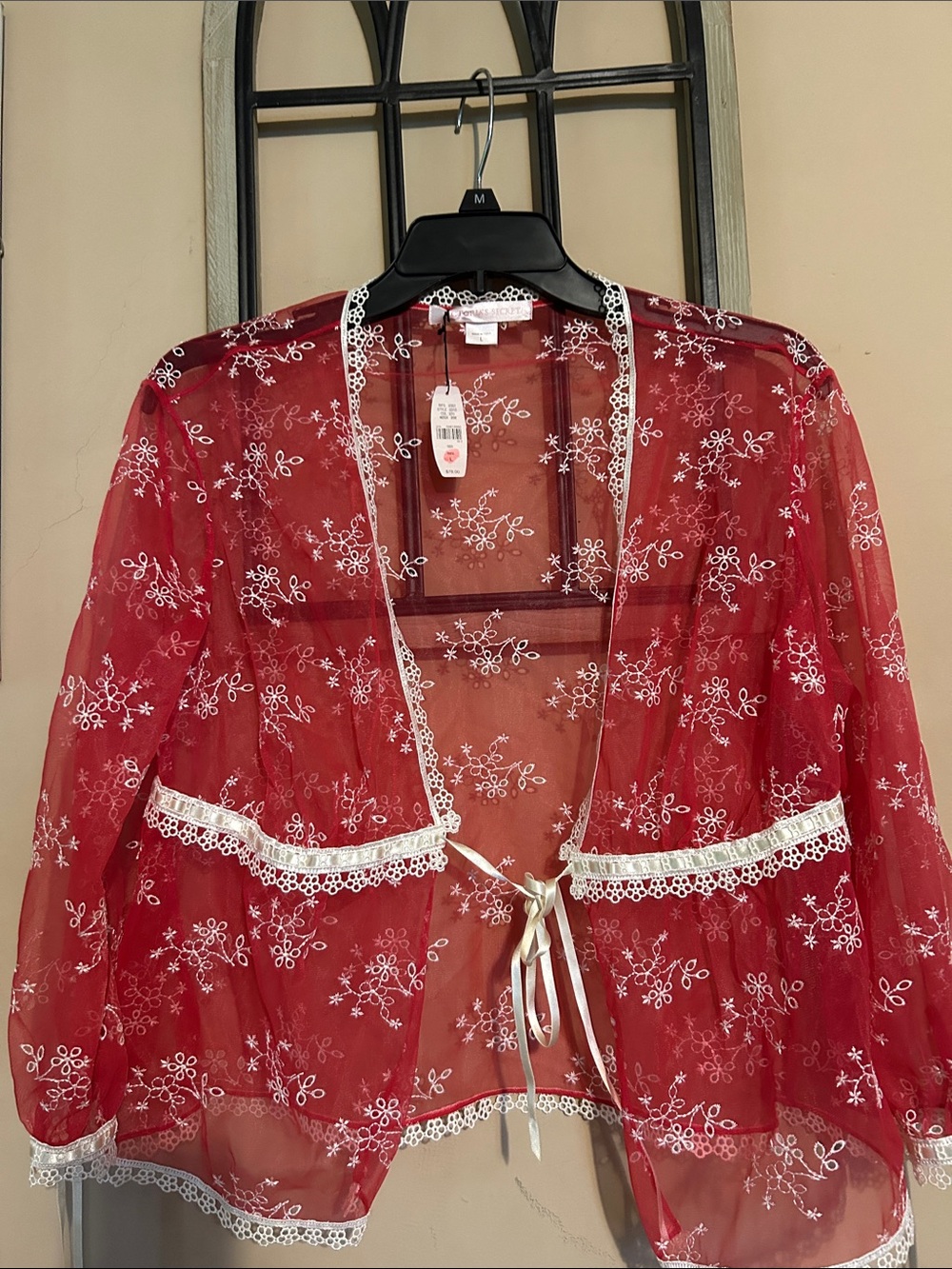 Victoria's Secret Red Sheer Floral Embroidered Tie-Front Jacket